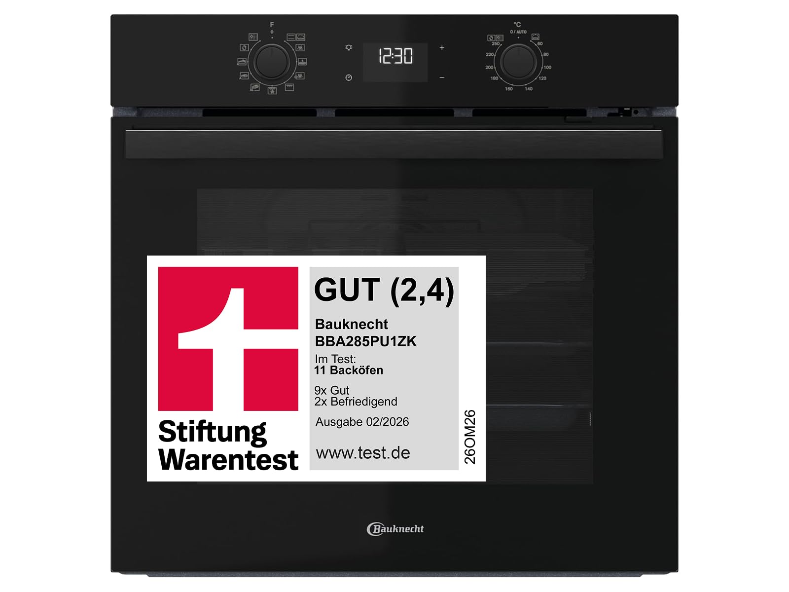Bauknecht BBA285PU1ZK Einbau-Backofen, 60 cm, 71 l Garraum, Heißluftbackofen mit 12 Funktionen, PowerHeißluft, FlexiClean Pyrolyse & Hydrolyse, Multi-Level-Kochen, Schwarzglas