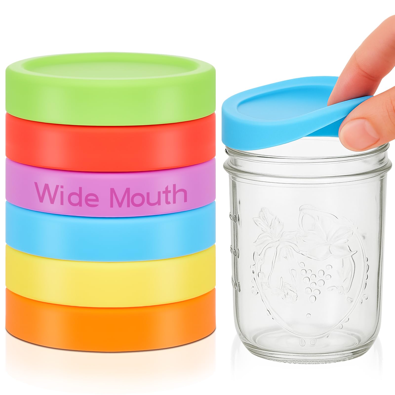 Photo 1 of Teenyyou 6 Pcs Silicone Wide Mouth Lids Mason Jar Lids Thickened Leak Proof Lid for 86 mm All Wide Mouth Mason Jars, Reusable Large Canning Jar Caps(Red, Orange, Yellow, Green, Blue, Purple)