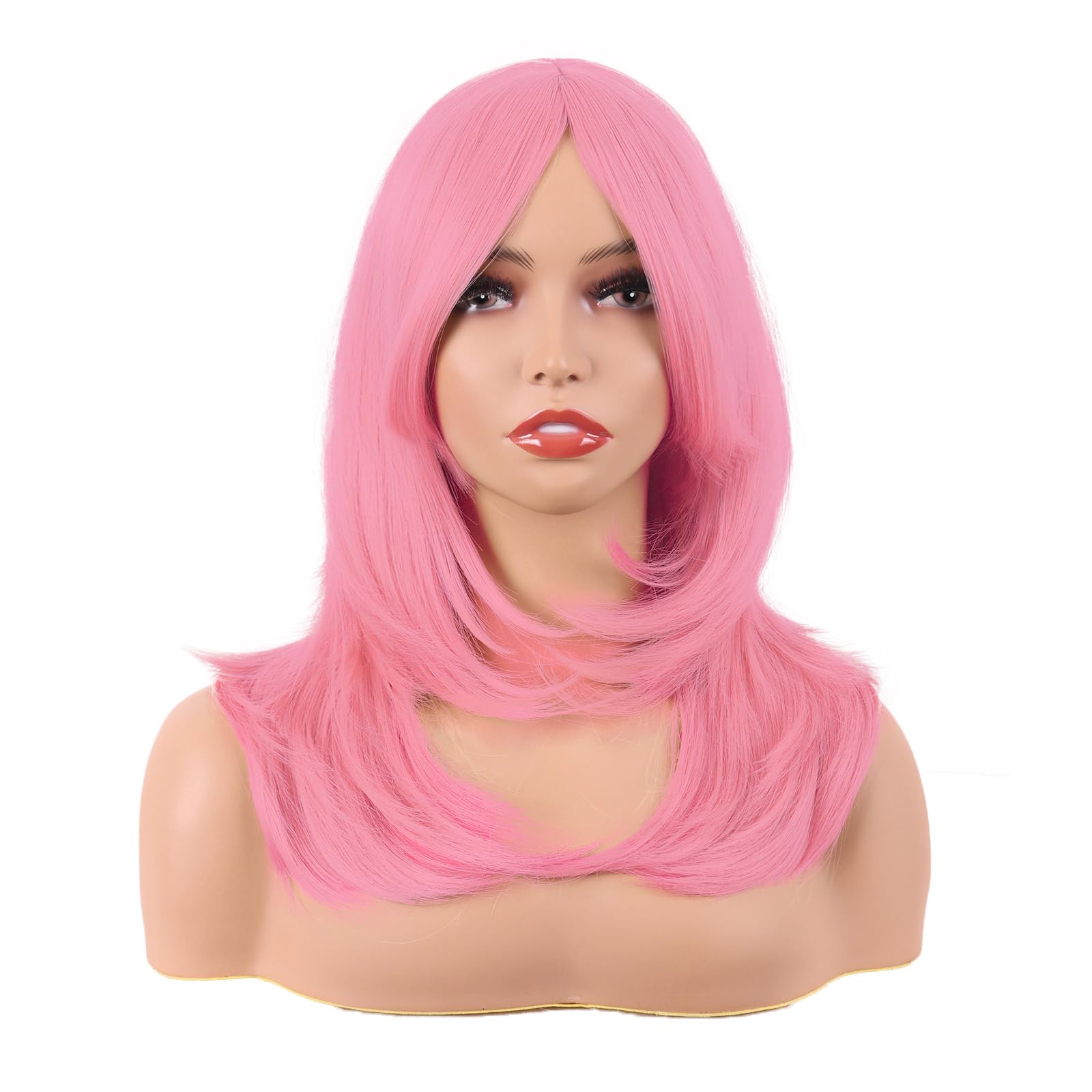 MapofBeauty 20 Inch/50 cm Long Layered With Bangs Straight Synthetic fiber Shoulder Length Hair for Daily Use or Party Wig (Light Pink) — image 1