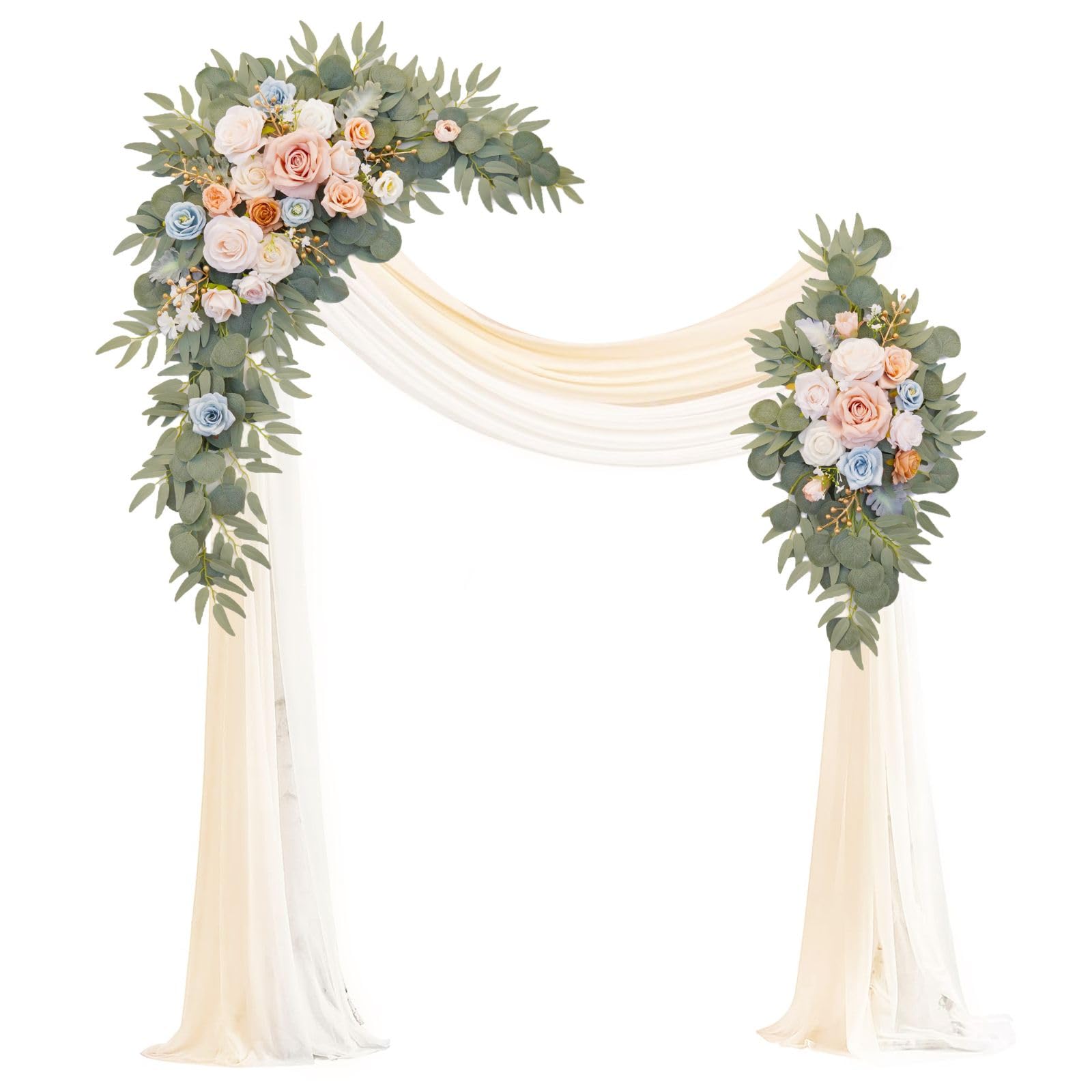 Photo 1 of Muhanjia Artificial Wedding Arch Flowers Kit(Pack of 4),2Pcs Artificial Flower Arch Decor, 2Pcs Chiffon Fabric Drapes, Ceremony Decoration, Floral Outdoor Party Decor (Champagne & Blue)