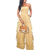 BOKITECAO Womens Cargo Jumpsuit Sexy One Piece Outfit Wide Leg Romper Multi Pockets Overalls