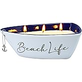 Pavilion Gift Company - Beach Life- Triple Wick 10 oz 100% Soy Wax Candle Scent: Fresh Linen with Silver Detail Accents