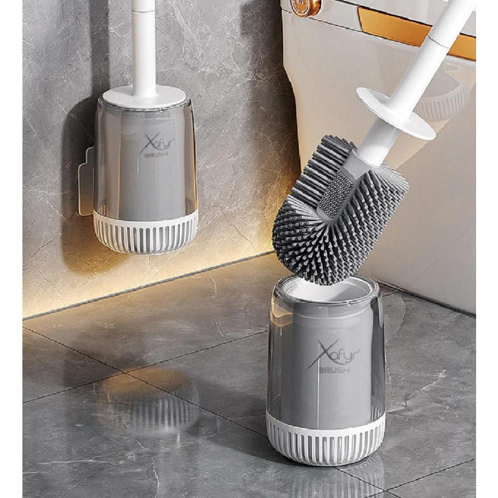 Xafyr® Brush - Silicone Toilet Brush - Patented Toilet Brush & Holder with Wall Mounting No Drilling, White Handle & Grey Bristles, Antibacterial, Turbo Drying, Innovative & Hygienic