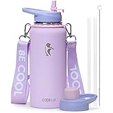 Coolflask Water Bottle with Straw, 32 oz Insulated Metal Water Flask with Straw & Spout Lids, Stainless Steel Double Wall Vacuum, Keep Cold 48h Hot 24h, Leak Proof & Non-BPA, Lavender