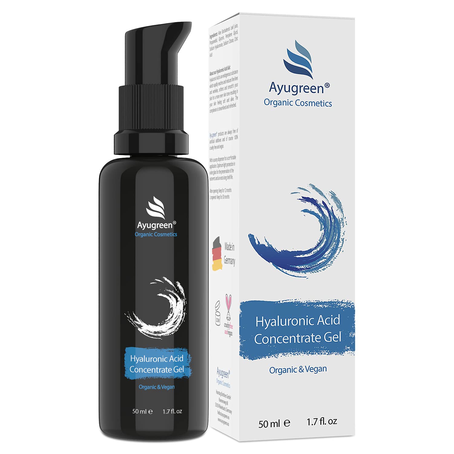 AYUGREEN Organic Hyaluronic Acid Serum High Dosage 50ml, Vegan - Anti Aging Serum Gel with Aloe Vera to combat Wrinkles on the Face, Neck, Décolleté - Natural Cosmetics Made in Germany