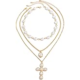 Big Pearl Cross Necklace for Women Chunky Gold Silver Chain with Pearl Layered Stacked Cross Pendant Choker Necklace Statement Punk Necklaces Party Jewelry Gift