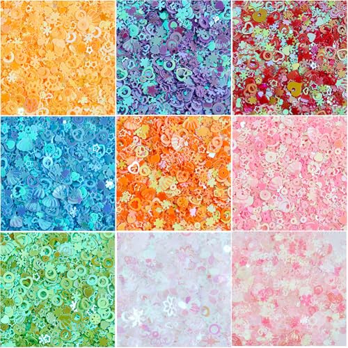 DICOSMETIC 90G 9 Colors Plastic Craft Sequins Crispy Bingsu Beads Holographic Glitter Iridescent Sequins for Slime 3D Heart Shell Star Glitter Assortment Slime Microbeads Supplies Nail Art Sequin