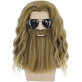 BERON Long Curly Blonde Brown Mens Wigs With Mustache Halloween Cosplay Costume Party Wig False Beard