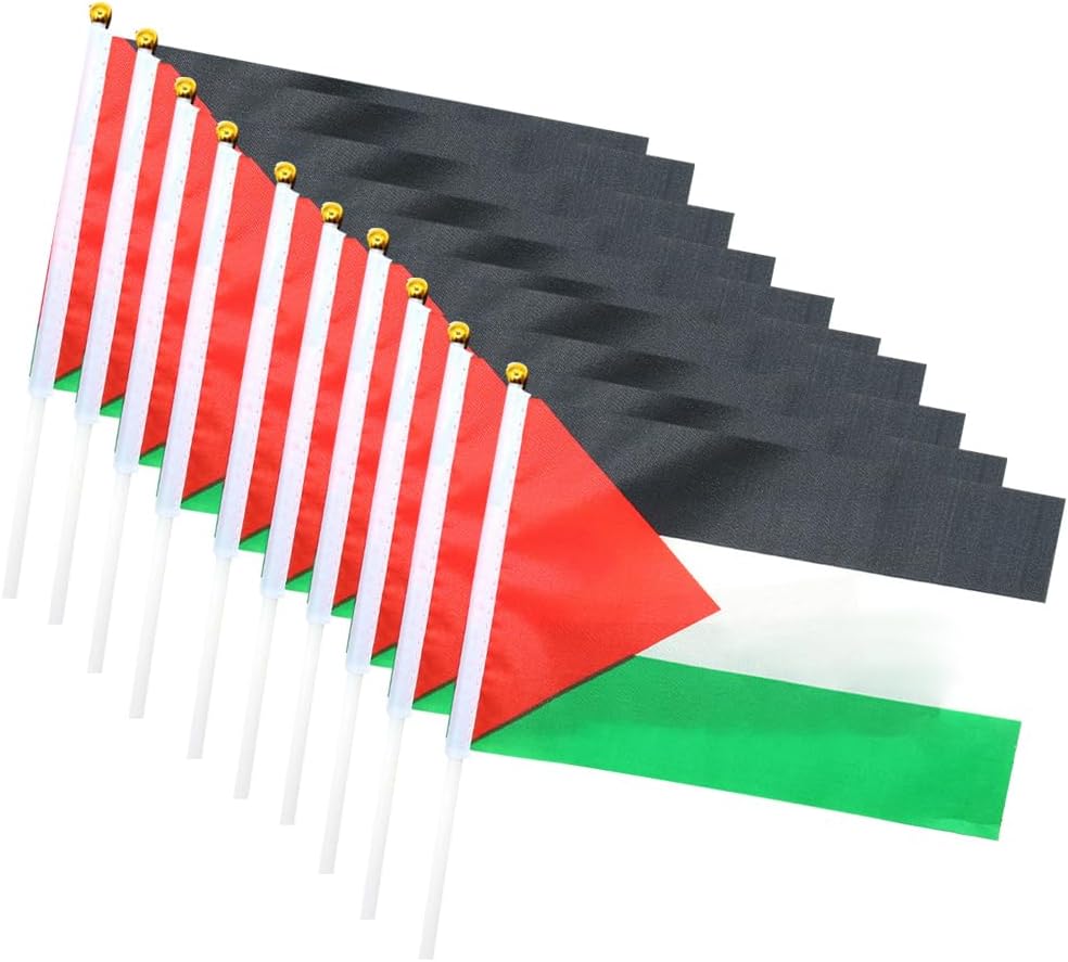 Flags - 5 Pcs Palestine Mini Flag Palestinian Stick Flags Hand Held Small Miniature Palestine Flags on Stick Support Pray for Palestine Hand Waving Flag - 5.5x8.3 Inch with 12 inch White Pole