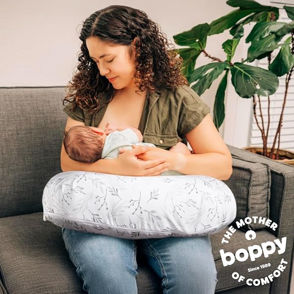 BOPPY NURSING PILLOW – FIRM, ERGONOMIC U-SHAPED BOTTLE AND BREASTFEEDING PILLOW WITH HIGH LIFT FOR COMFORT AND SUPPORT, SPACIOUS SURFACE – GRAY GENTLE LEAVES