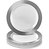 Ritz Collection White Round Plastic Dessert Plates with Silver Rim - 7.5" (Pack of 10) - Perfect for Weddings, Birthday Parties & Special Occasions