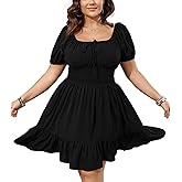 SCOMCHIC Womens Plus Size Mini Dress Square Neck Puff Short Sleeve Casual Summer A Line Boho Cute Spring Short Dresses