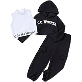 Hihosdor Girls Clothes 3 Piece Outfits Hoodie Pullover Sweatshirts Cool Crop Tank and Sweatpants Set Teen Girls Outfits