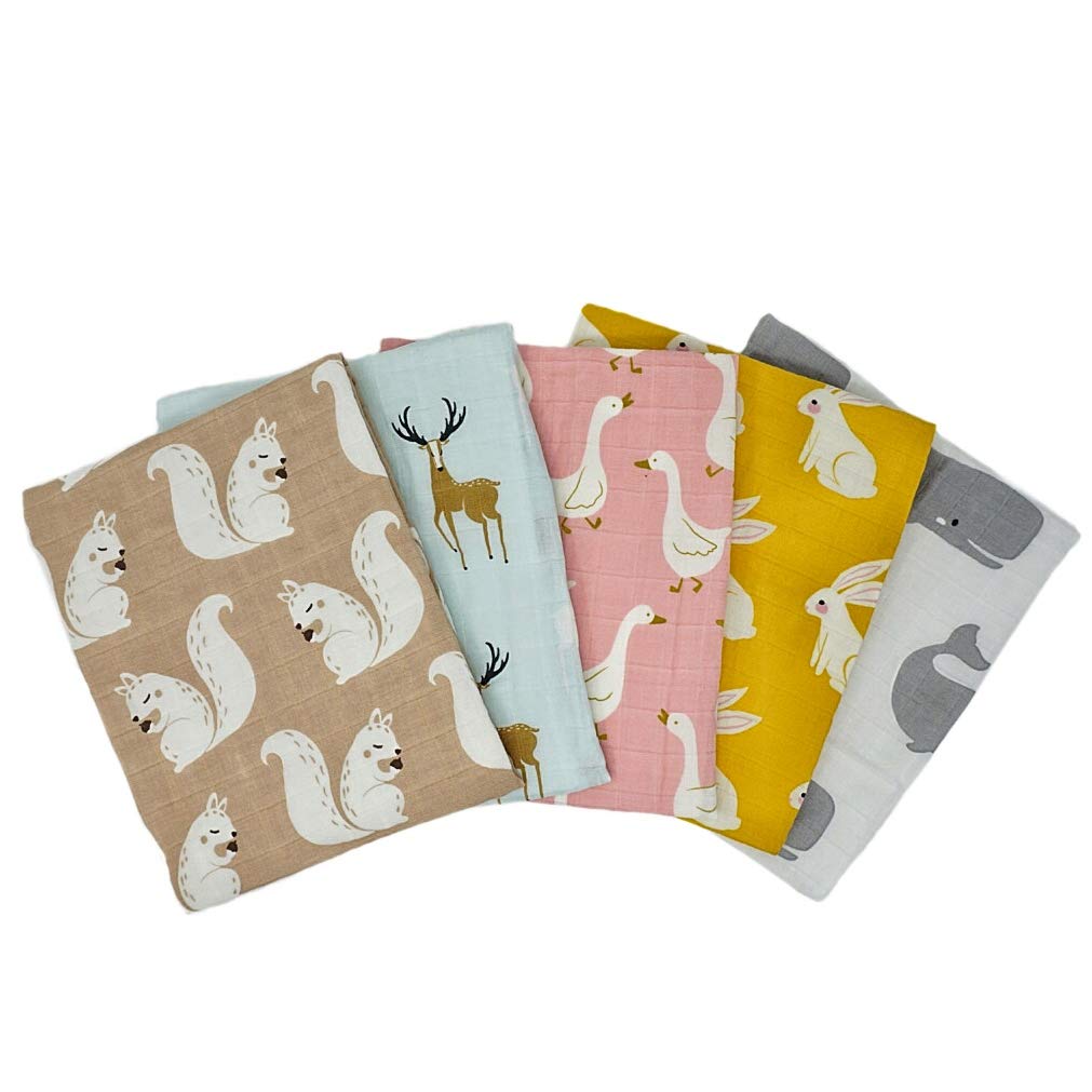 Tiny Alpaca Pack of 5 Organic Muslin Squares Baby Burp Cloths 60X60CM Animal Designs