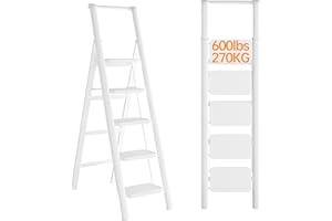 JOISCOPE 5 Step Ladder, Foldable Step Stools for Adults with Wide Anti-Slip Pedal, 600lbs Lightweight Sturdy Steel Ladder,Convenient Handgrip,Portable Folding Ladder for Home Kitchen Office,White