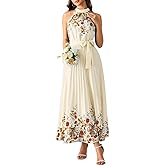 ChiaoLezhee Elegant Floral Halter Maxi Dress, Classy Pleated A Line Flowy, Spring Summer Wedding Guest Dresses for Women