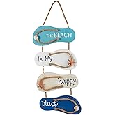 Juvale Wooden Flip Flop Beach Decor Sign - 8.7 x 20.9 in, Blue/White/Beige Coastal Wood - Nautical Decor with Seashells & Rope Hanger - Indoor/Outdoor Wall Accent for Bathroom, Bedroom & Living Room