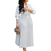 Famnbro Womens Pleated Dress V Neck Long Sleeve A line Church Formal Works Business Dresses with Belt