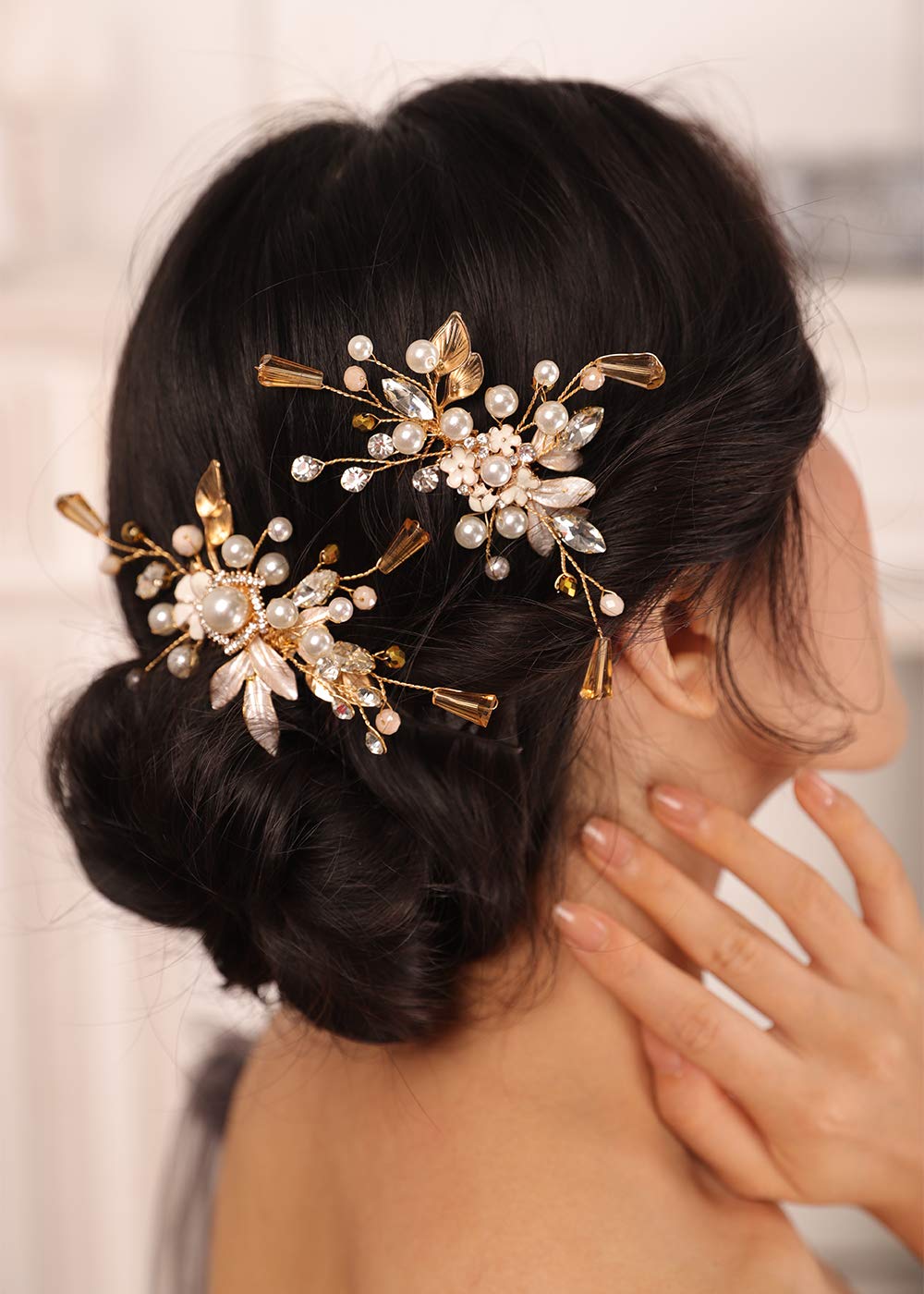 Kercisbeauty Gold Leaf Champagne Crystal Hair Comb Set for Women Wedding Bridal Hair Accessories Hair Styling Art Deco Boho Jewelry