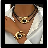 sunglnl Gold Jewelry Set, Bohemian Double-Layer Black Rope With Oval Black Acrylic Pendant Necklace And Bracelet Set Vintage Trendy Golden Necklaces Bracelets For Women Gift