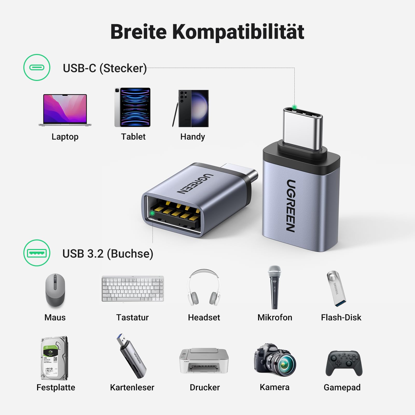 UGREEN USB C auf USB 3.2 Adapter 10Gbps OTG 2 Stück USB C Stecker auf A Buchse Adapter Kompatibel mit iPhone 17/16 Series MacBook Neo Pro Air iMac Galaxy Tab S9 S24 (Grau) 2