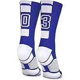 ChalkTalkSPORTS Custom Team Number Crew Socks | Youth & Adult Athletic Socks Blue | Choose Your Number