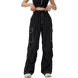 Skateboard Frog Women Y2K Baggy Cargo Pants Wide Leg Contrast Stitching | Women baggy parachute pants streetwear y2k wide leg