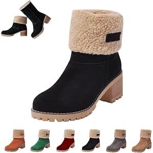 FLTEUDS Winter Boots for Women, Warm Fleece Lined Mid Calf Snow Boots for Winter, Ankle Chunky Block Heels Comfortable Slip O
