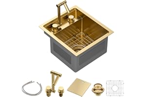 Sarlai Outdoor Sink, 15x17 Inch Gold Undermount Kitchen Sink Workstation with Foldable Faucet Bar Prep Single Bowl Gold Kitchen Sinks16 Gauge Stainless Steel BBQ Sinks with Cover 15"x17"x9“