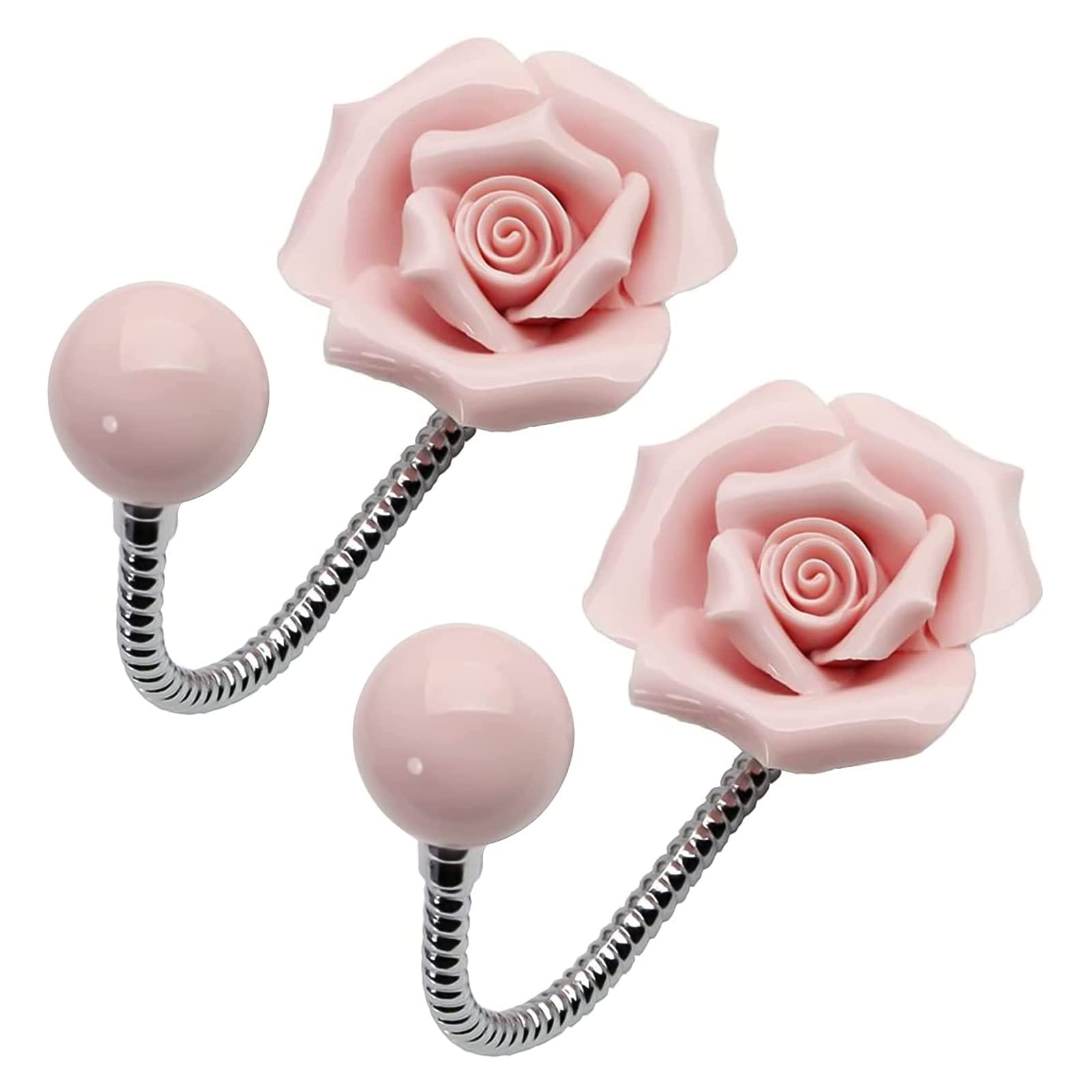 MOROBOR Pink Flower Ceramic Wall Coat Hook，2pcs 3D Rose-Shaped Chrome Decorative Robe Hook Decorative Flower Wall Mounted Hooks for Hanging Scarf, Bag, Towel, Hat — image 1