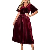 BerryGo Women's Formal Velvet Ruffle Pleated V Neck Faux Wrap Cocktail Party Dress Casual Short Sleeve Flowy Midi Dress