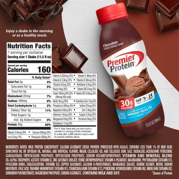 PREMIER PROTEIN SHAKE, CHOCOLATE, 30G PROTEIN, NO ADDED SUGAR, 24 VITAMINS & MINERALS TO SUPPORT IMMUNE HEALTH, 11.5 FL OZ, 12 PACK (PACKAGING MAY VARY)