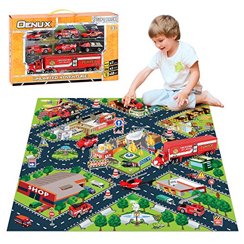 OENUX Diecast Fire Truck Emergency Rescue Vehicle Toy Set With Play Mat