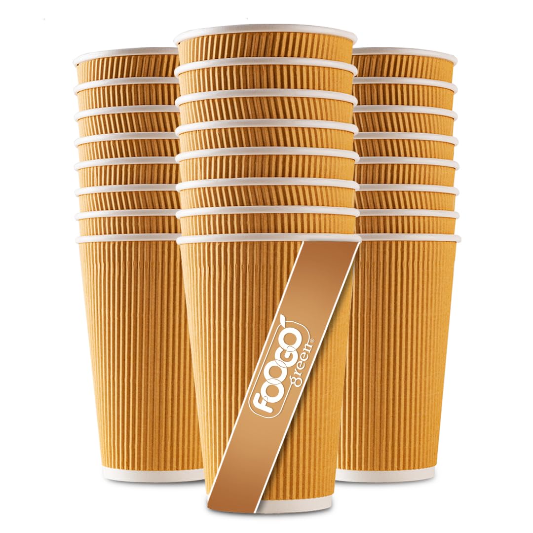 FOOGO Green 50pcs 16oz Disposable Strong Triple-Wall Brown Paper Coffee Cups, FSC® Certified, Fully Compostable, for Hot Drinks, Heat-Resistant Ripple Design, Takeaway Coffee Cups, Party