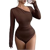 SweatyRocks Women's Asymmetrical Neck Bodysuit Leotard Casual Long Sleeve Ruched Going Out Tops