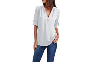 HUMMHUANJ Shirts for Women 2024 Summer Long Sleeves Chiffon Zipper Tops Button Solid Golf Polo Tshirt V Neck Blouses