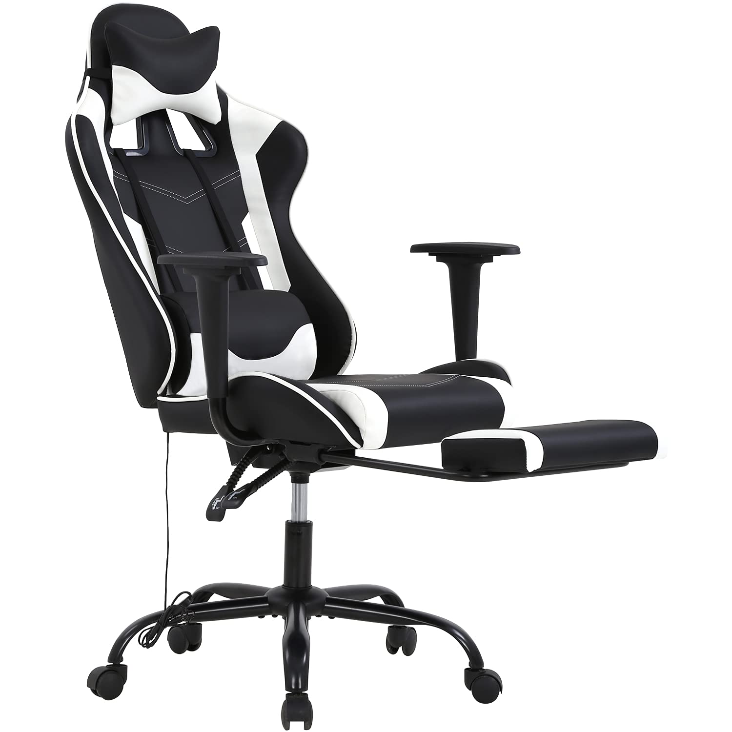 HCY Silla Gaming con Respaldo Alto Silla Ergonómica para Juegos Estilo Carreras con Reposapiés, Reposacabezas y Soporte Lumbar Silla de Oficina de Cuero PU Ajustable en Altura para Adultos, Blanco
