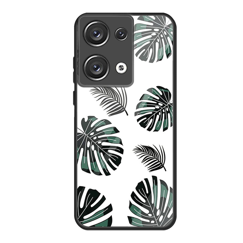SEAHAI Case for OPPO Reno 8 Pro 5G (Reno8 Pro 5G), Ultra Thin Elegant Painted Pattern Tempered Glass Hard Back & Soft Silicone TPU Bumper Hybrid Shockproof Cover, Green leaves