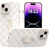 Yeddabox for iPhone 14 Case with Finger Strap Kickstand, Checkered Phone Case Full Camera Protection Shockproof Soft TPU and Hard PC Back Cover for Women Men, White