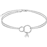 FLYOW Two circles Layered Anklet 925 Sterling Silver for Women Adjustable Heart Ankle Bracelet Boho Beach Foot Chain 9+1.5 Inch Charm Jewelry Birthday Gifts (Two Circles 9+1.5)
