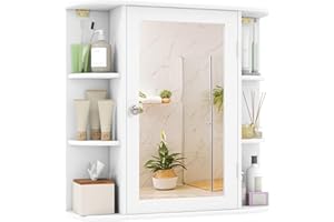 Tangkula Bathroom Medicine Cabinet with Mirror, Modern Wall Mounted Space-Saving Storage Organizer with Mirrored Door, 4 Internal Shelves & 6 Open Side Shelves, Bathroom Wall Cabinet (White)