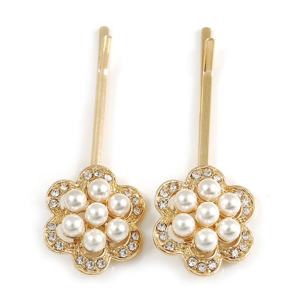 2 Bridal/Prom Clear Crystal, Pearl Flower Hair Grips/Slides In Gold Plating - 60mm Across