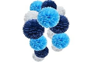 MOWO Paper Flower Tissue Pom Poms Party Supplies (navy blue,turqoise blue,white,12pc)