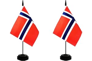 Rotenl 2 Pack Norway Desk Flag, Norwegian Table Office Flag with Solid Pole and Stand Base, International Country Flag, Festival Celebration, Classroom Meeting Desktop Decoration (Norway)