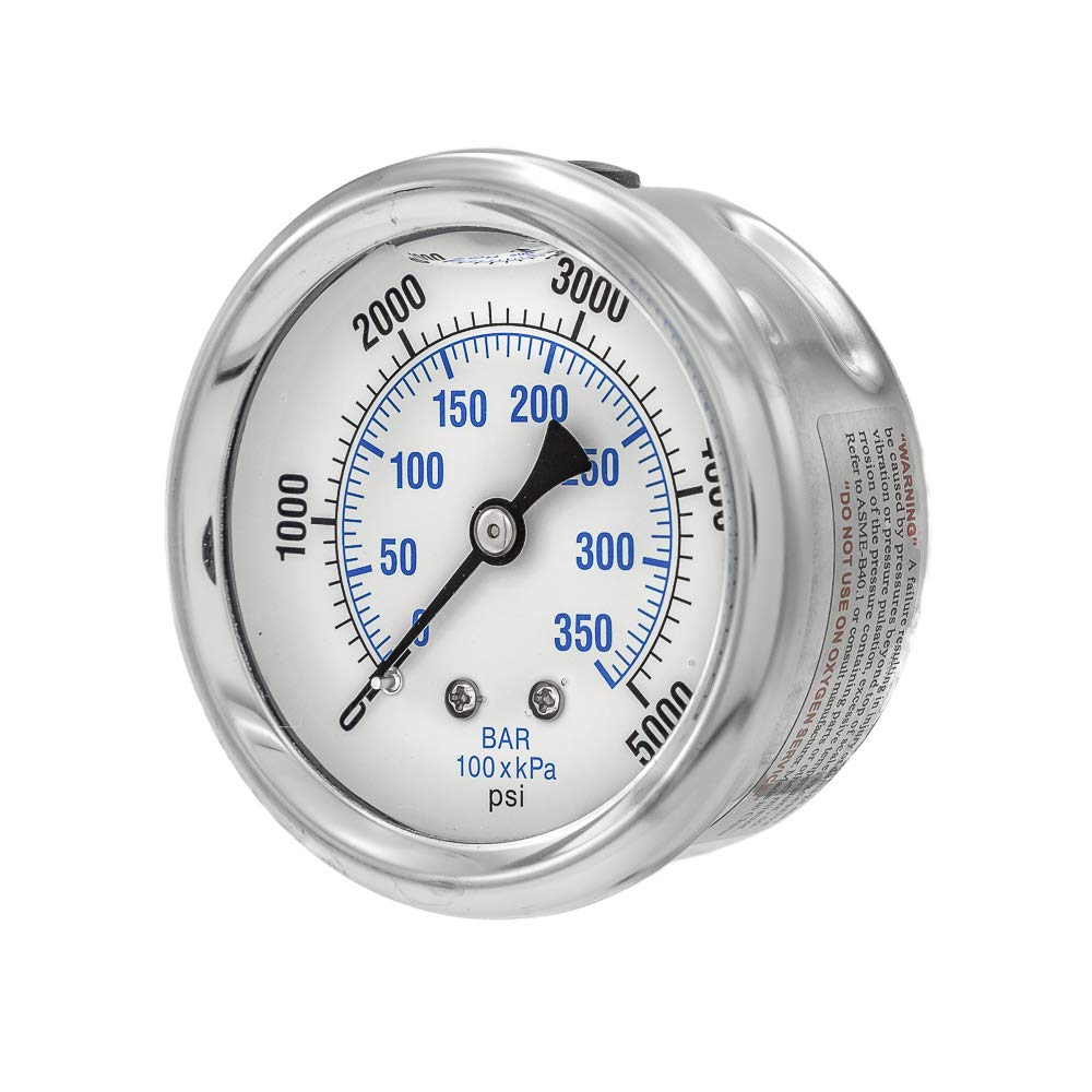 PIC Gauge PRO-202L-254R Glycerin Filled Industrial Center Back Mount Pressure Gauge with Stainless Steel Case, Brass Internals, Plastic Lens, 2-1/2" Dial Size, 1/4" Male NPT, 0/5000 psi