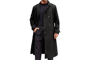 Runcati Mens Double Breasted Trench Coat Notched Lapel Long Peacoat Classic Casual Winter Overcoat