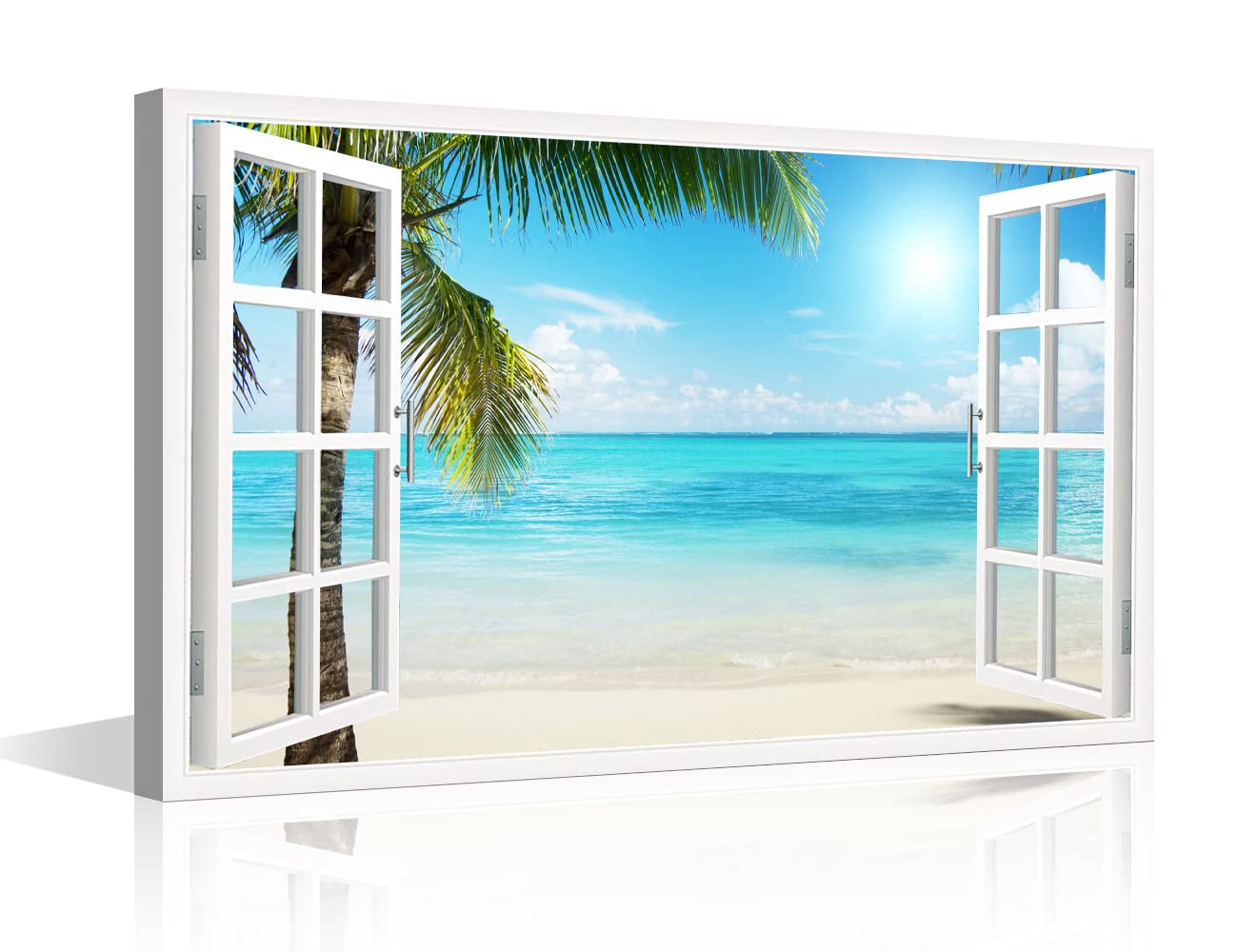 Window View Wall Mural Natural Landscape HD Picture Prints on Canvas Wall Paintings Tropical Teal Ocean Sea Beach Wall Decoration for Living Room Bedroom Bathroom Framed Ready to Hang (18"W x 12"H) — image 1