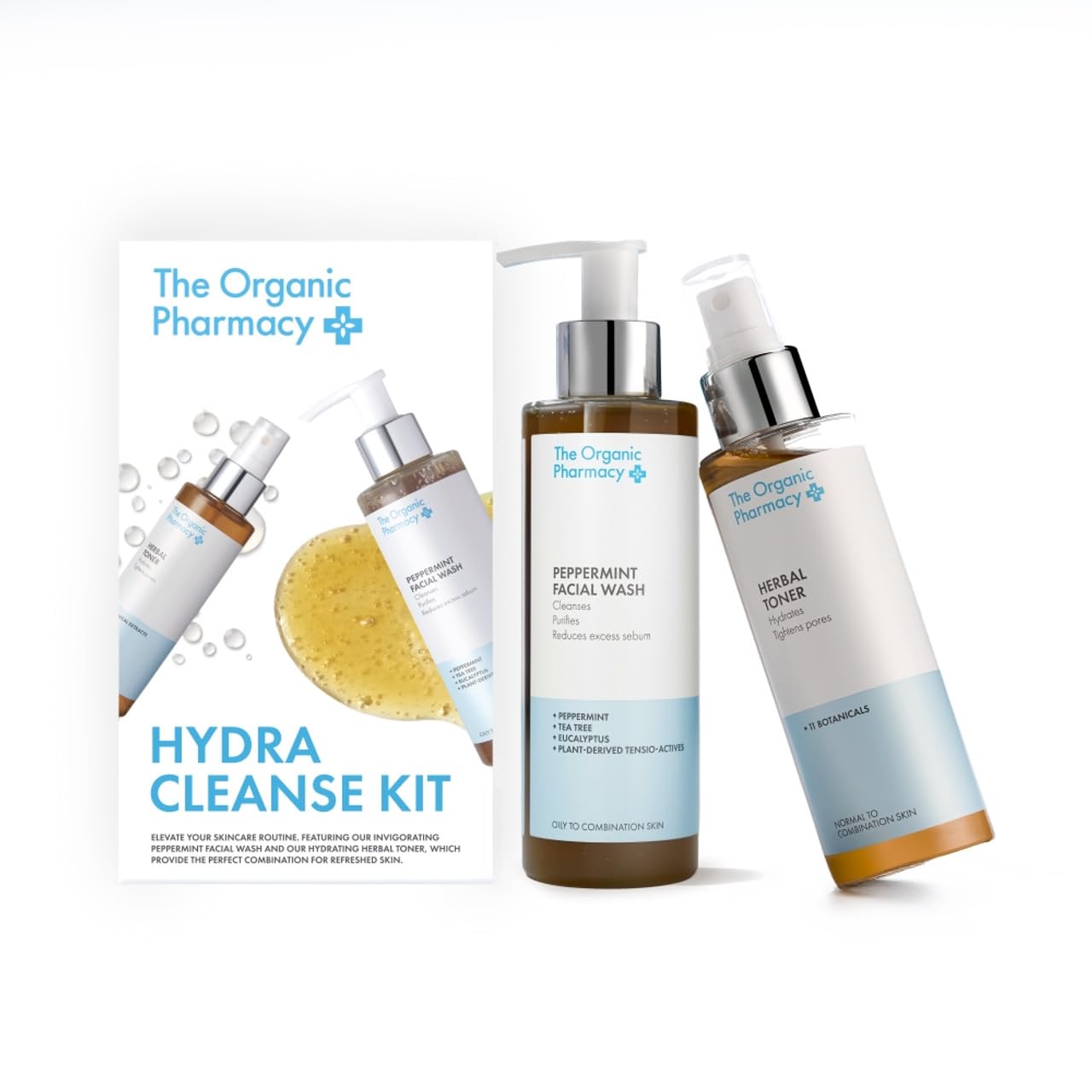 The Organic Pharmacy Hydra Cleanse Kit, 350ml - Cleanse & Hydrate, With Peppermint, Tea Tree, Eucalyptus, 11 Botanicals, Organic 10.3% & 86.4%