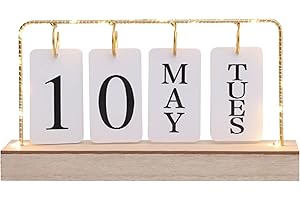 Flip Calendar with Light, Wooden Desk Date Display, Standing Date and Weekly Day Flip Desk Calendar, Reusable Perpetual for O