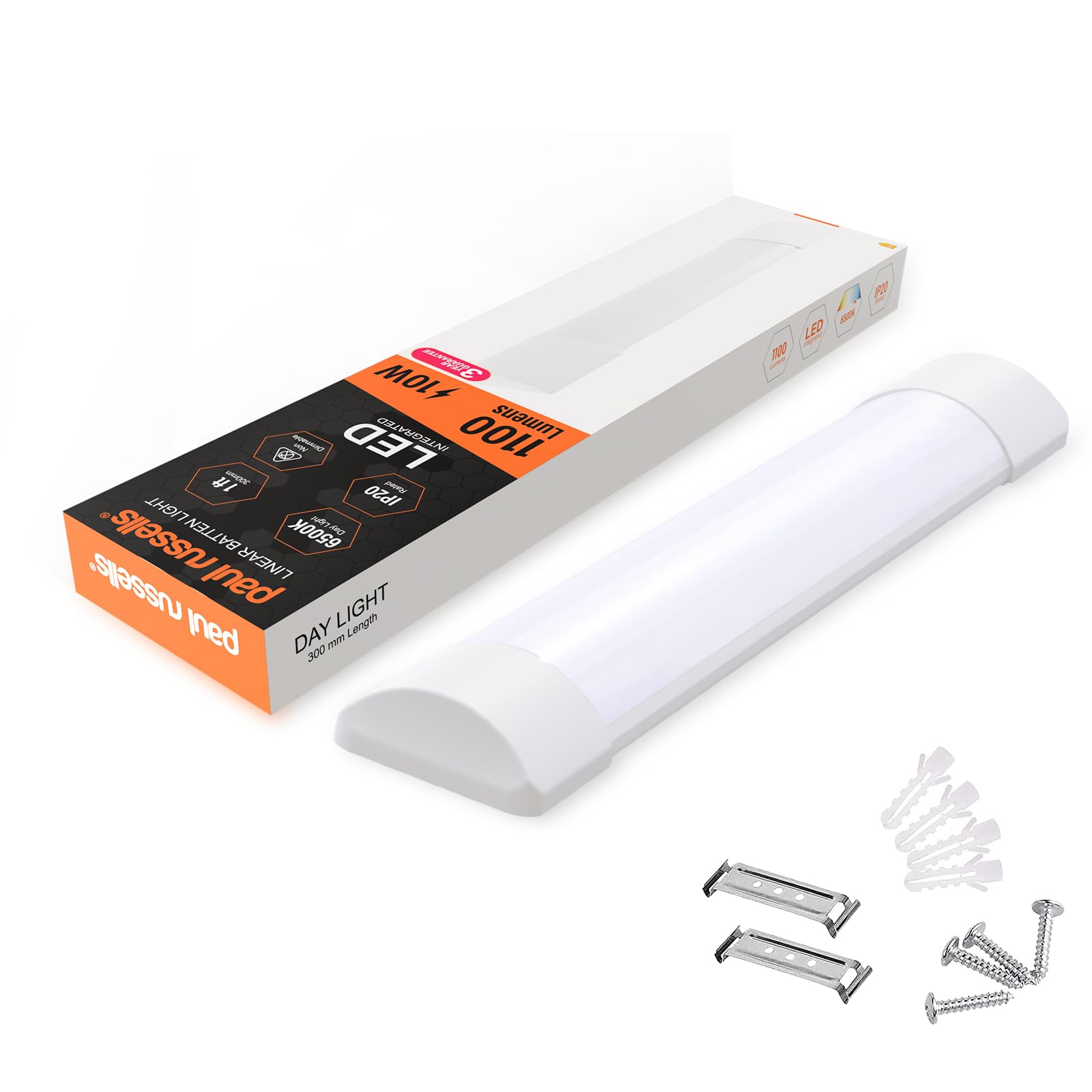paul russells 1ft LED Batten, Ceiling Fitting Tube Light, 6500K Daylight,10W, 1100 Lumens, Light for Office, Bathroom, Kitchen, Garage, Warehouse Fluorescent Lighting Replacement,1 Pack